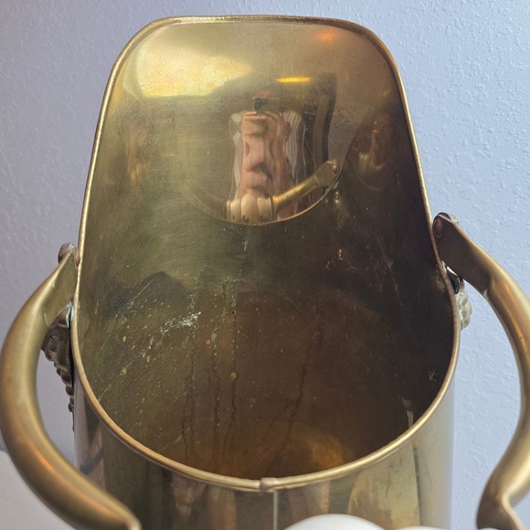 Vintage Brass Coal Scuttle Bucket with Ceramic Blue Delft Handles Lion Head - Picture 5 of 12